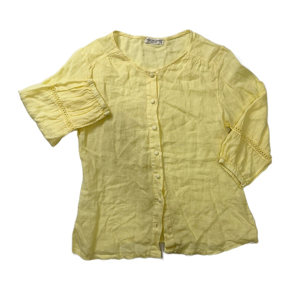 Terzo Millennio Italy Yellow Linen Blouse Crochet Lace Sleeve Button Front M